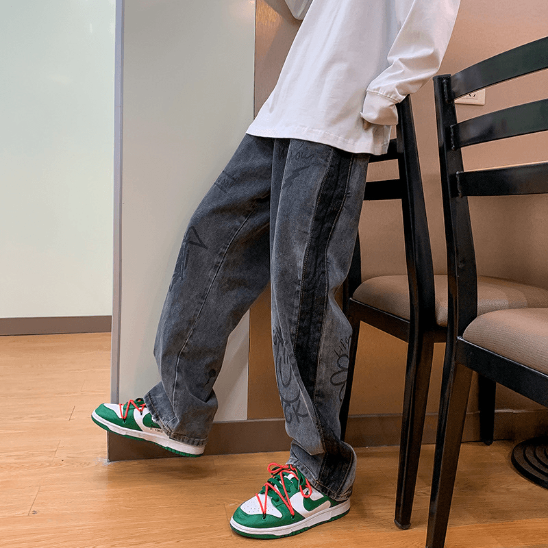 Trendy Brand Jeans Men'S Loose Fashion Long Pants Personality Printing Straight-Leg Pants - MRSLM