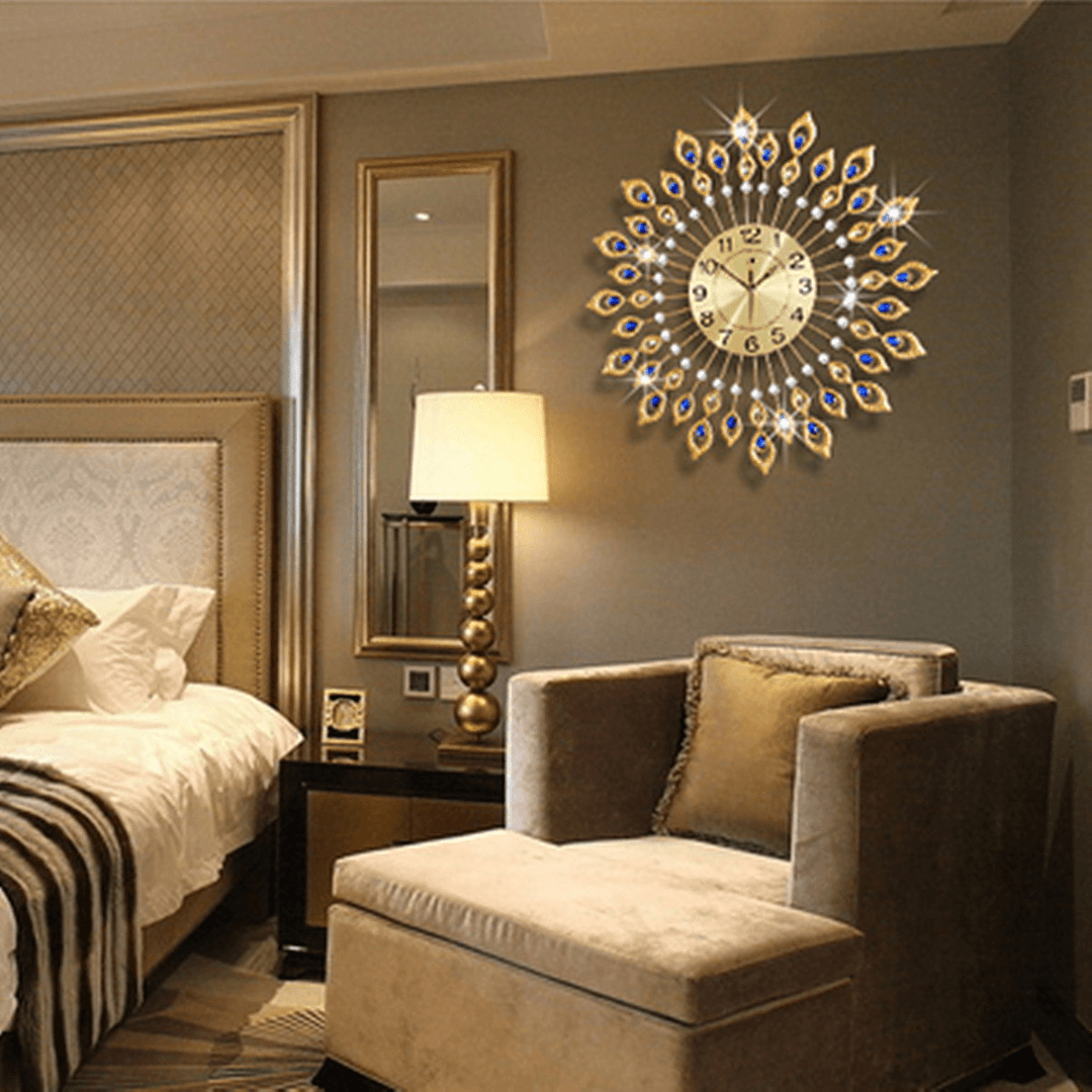 67CM Luxury Peacock Diamond Iron Art Wall Clock Living Bed Room Watch Home - MRSLM