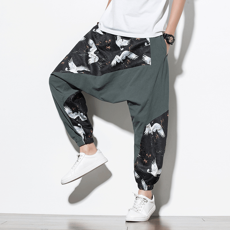 Chinese Style Crane Print Big Crotch Cotton and Linen Casual Pants - MRSLM