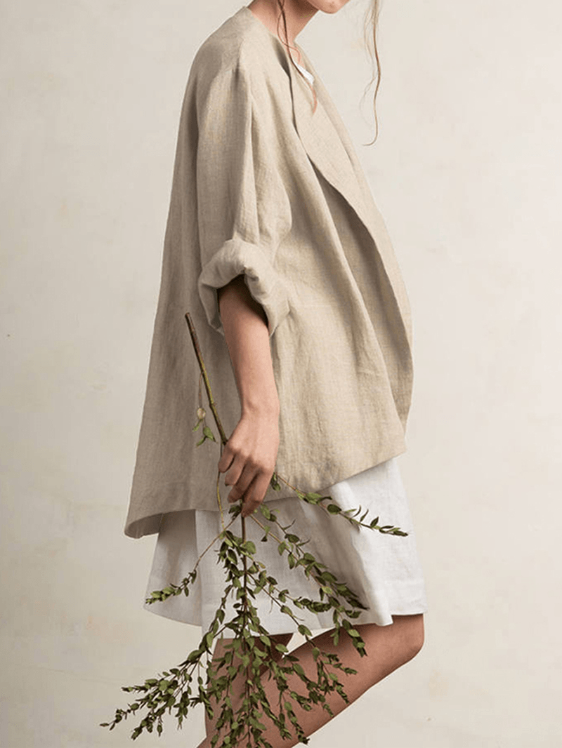 Women Cotton Turn-Down Collar Thin Coat Long Sleeve Solid Blazers - MRSLM