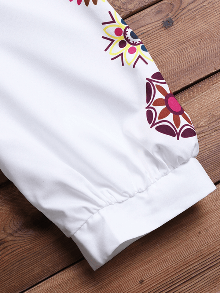 Ethnic Women V-Neck Long Sleeve Floral Print Holiday Bohemian Pleated Maxi Dress - MRSLM
