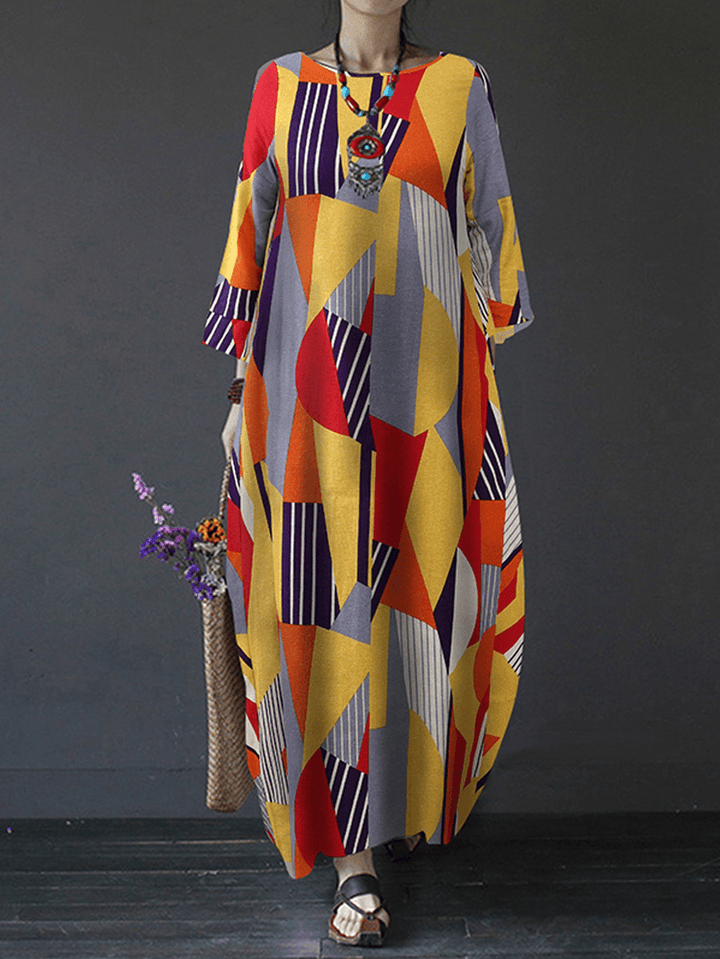 Long Sleeve O-Neck Geometry Print Loose Cotton Baggy Maxi Dress - MRSLM