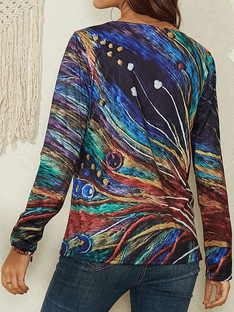 Women Colorful Art Lines Print V-Neck Long Sleeve Casual Blouse - MRSLM