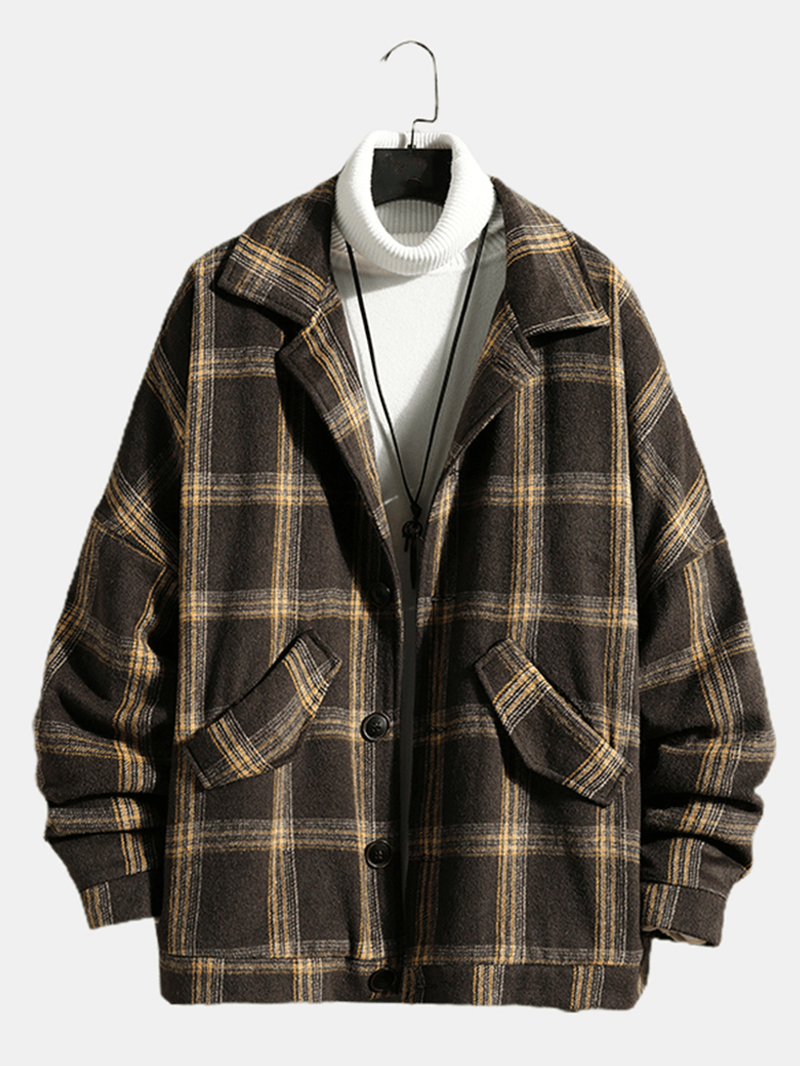 Mens Vintage Plaid Warm Lamb Wool Lined Lapel Pocket Jacket - MRSLM