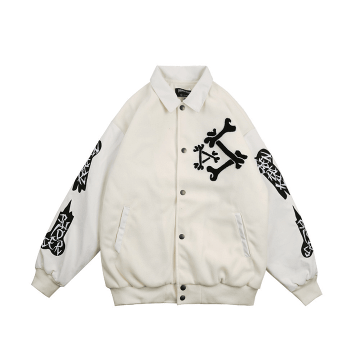 Skeleton Embroidery Jacket Coat Loose Lapel Stitching Baseball Uniform - MRSLM