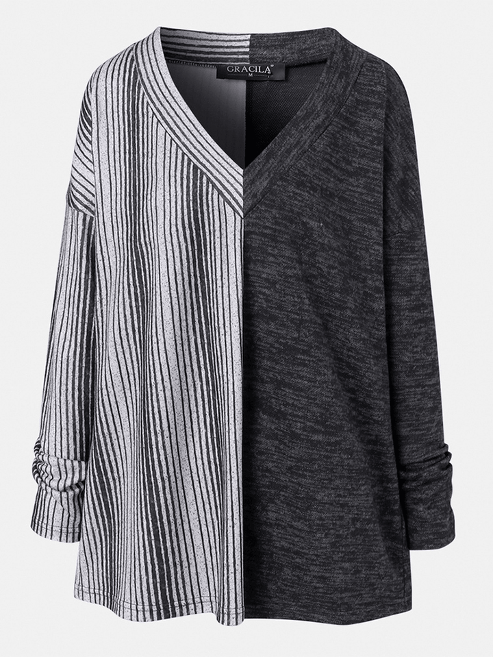 Women Striped Print Patchwork V-Neck Long Sleeve Casual Blouse - MRSLM