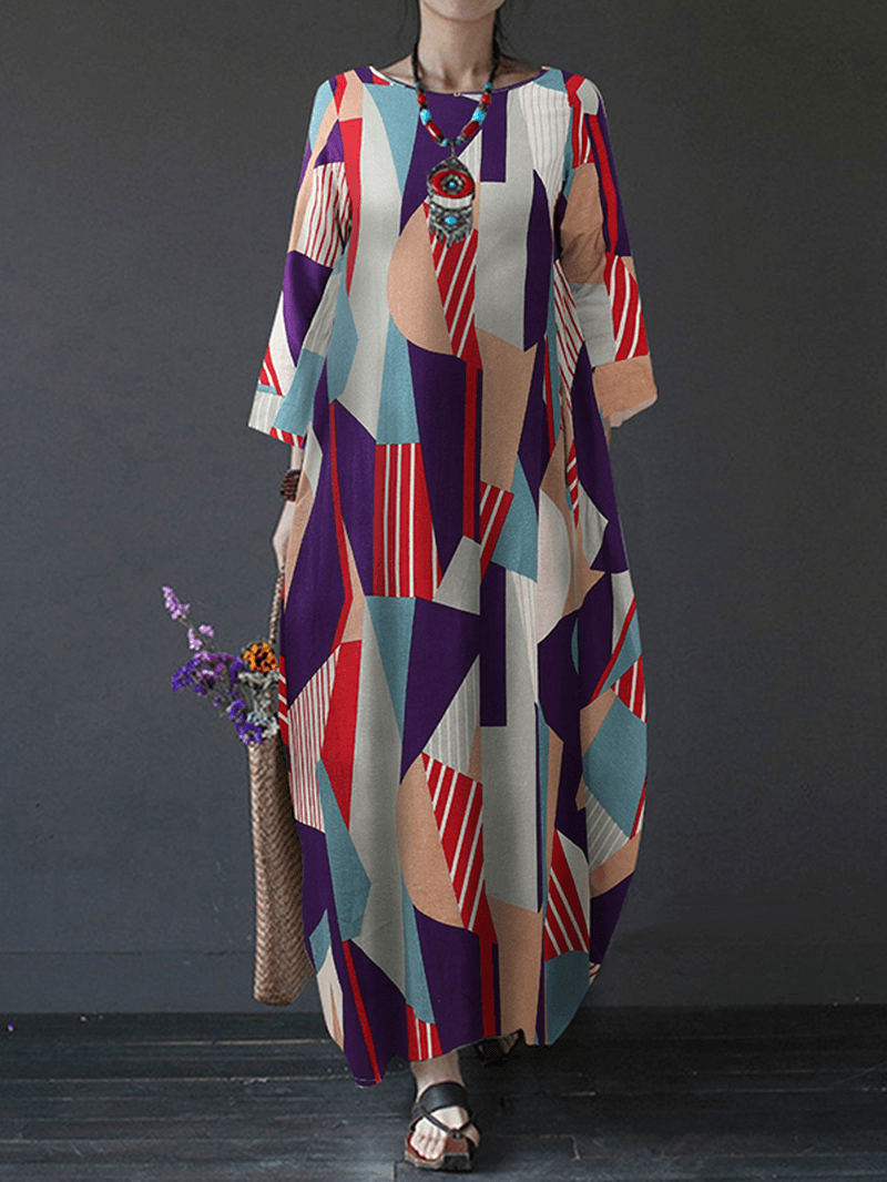 Long Sleeve O-Neck Geometry Print Loose Cotton Baggy Maxi Dress - MRSLM