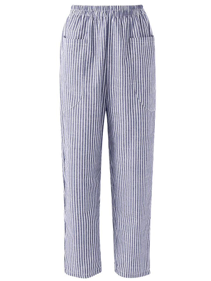S-5XL Casual Stripe Pocket Elastic Waist Women Harem Pants - MRSLM