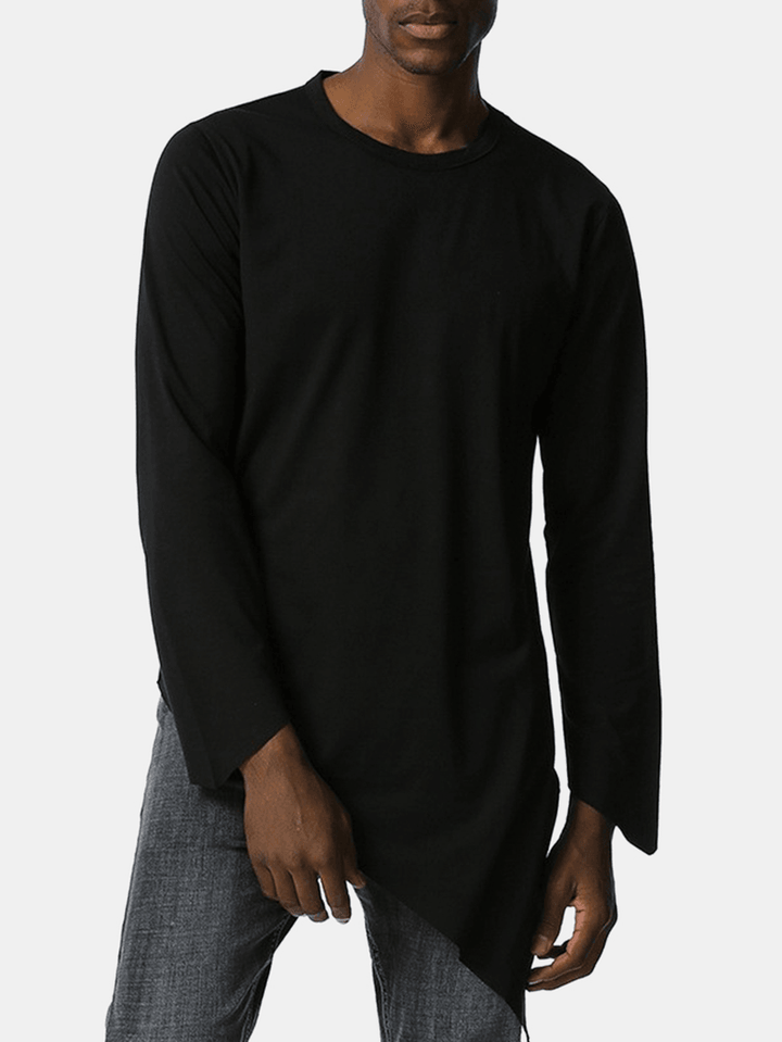 Mens Solid Color round Neck Long Sleeve Asymmetrical Hem Simple T-Shirts - MRSLM