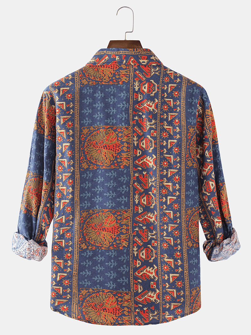 Mens Ethnic Style Print Lapel Collar Button up Long Sleeve Vintage Shirts - MRSLM