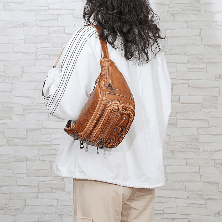 Women Solid Rivet Vintage Crossbody Bag Chest Bag Shoulder Bag - MRSLM