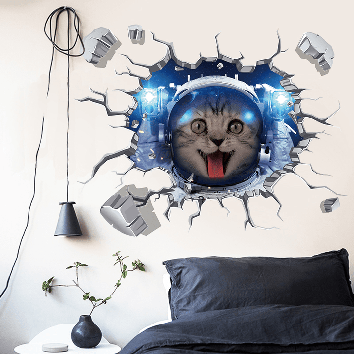 Miico Creative 3D Space Astronaut Cat Broken Wall PVC Removable Home Room Decorative Wall Floor Decor Sticker - MRSLM