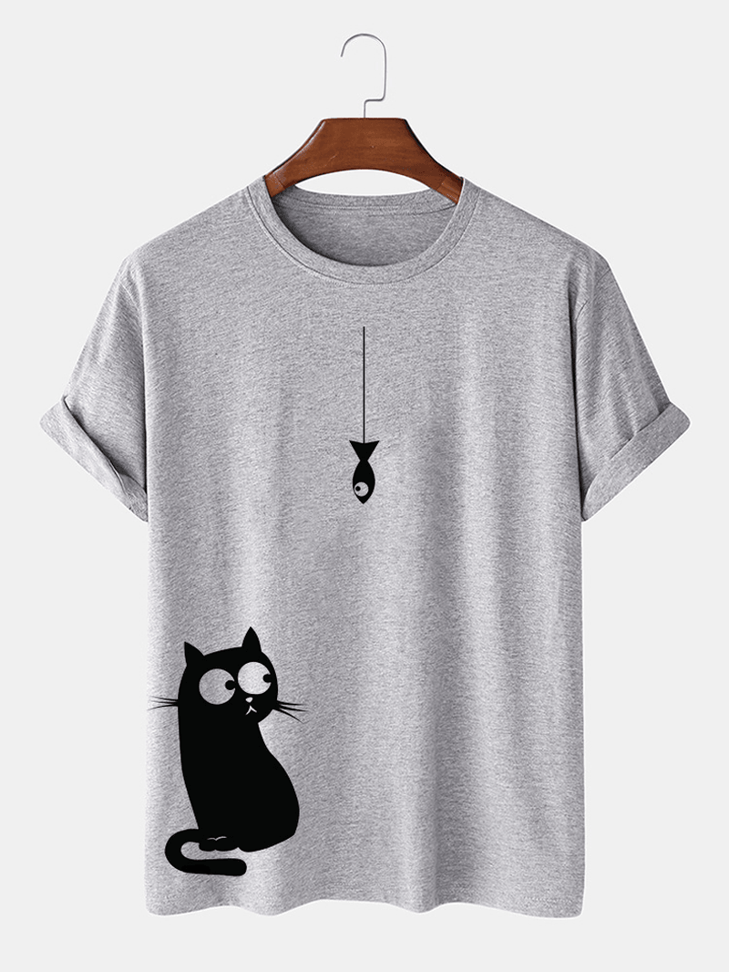 100% Cotton Cartoon Cat Print round Loose Neck Short Sleeve T-Shirts - MRSLM