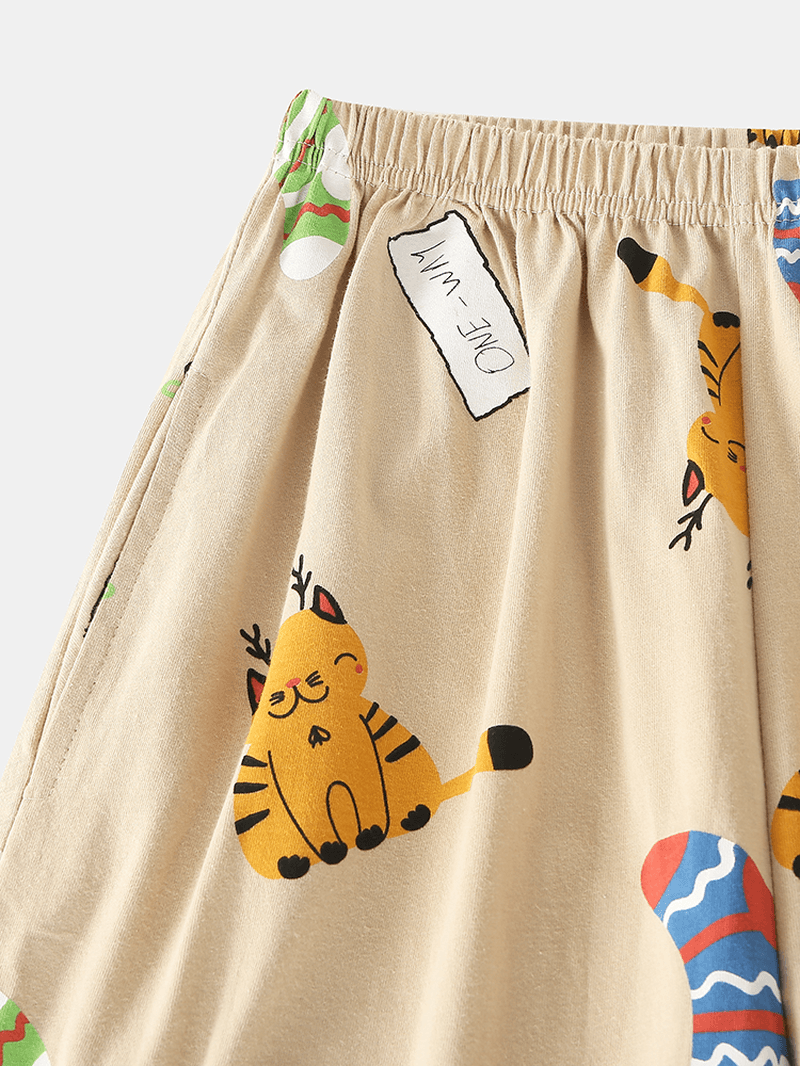 Women Cute Cartoon Cat Print Shirt Elastic Waist Pants Home Casual Pajama Set - MRSLM