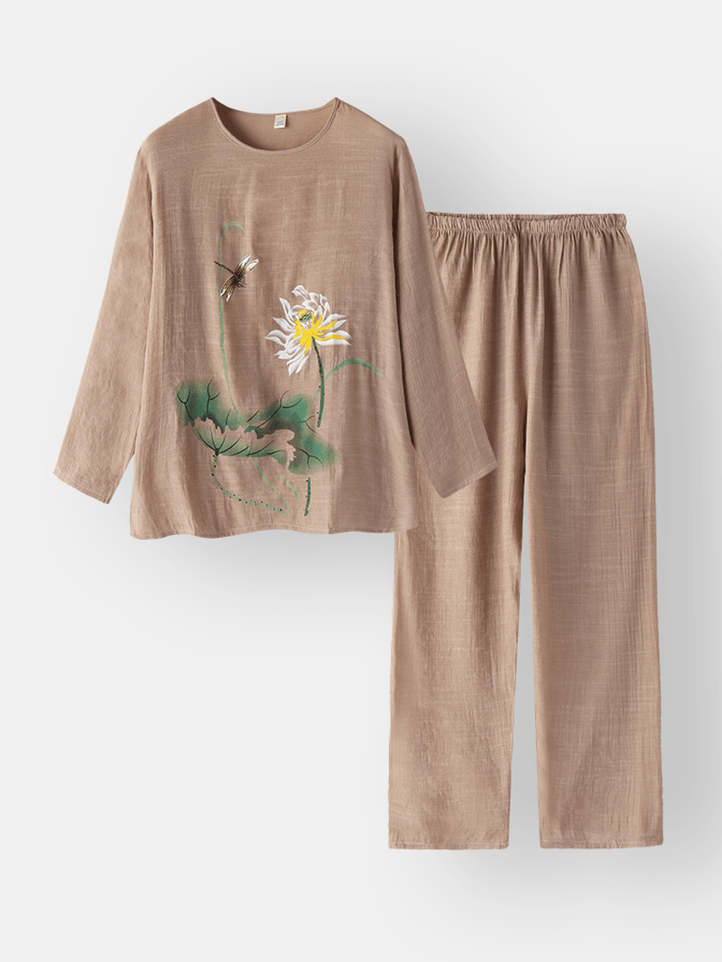 Women Print Cotton Linen Softies Loungewear Long Set O-Neck Loose Breathable Pajamas Set - MRSLM