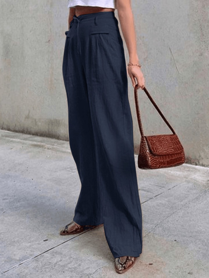 Women Zipper High Waist Wide Leg Pants Solid Color Casual Trousers with Pocket - MRSLM