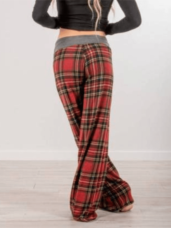 Women Plaid Print Casual Loose High Waist Wide Leg Pants - MRSLM