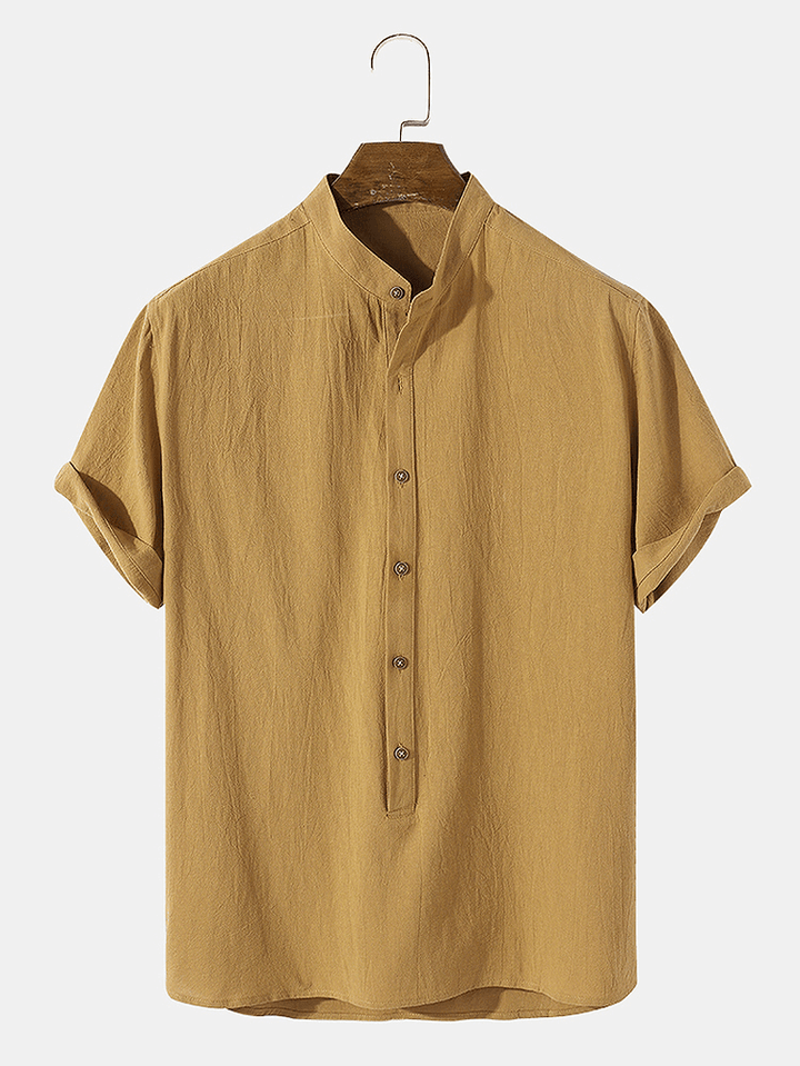 Mens Plain Basic Style Solid 100% Cotton Short Sleeve Henley Shirt - MRSLM