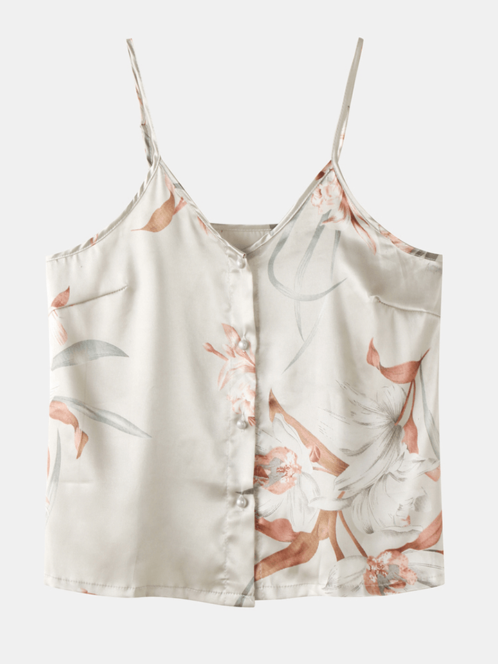 Women Floral Print Button up Spaghetti Straps Smooth Casual Pajama Set - MRSLM