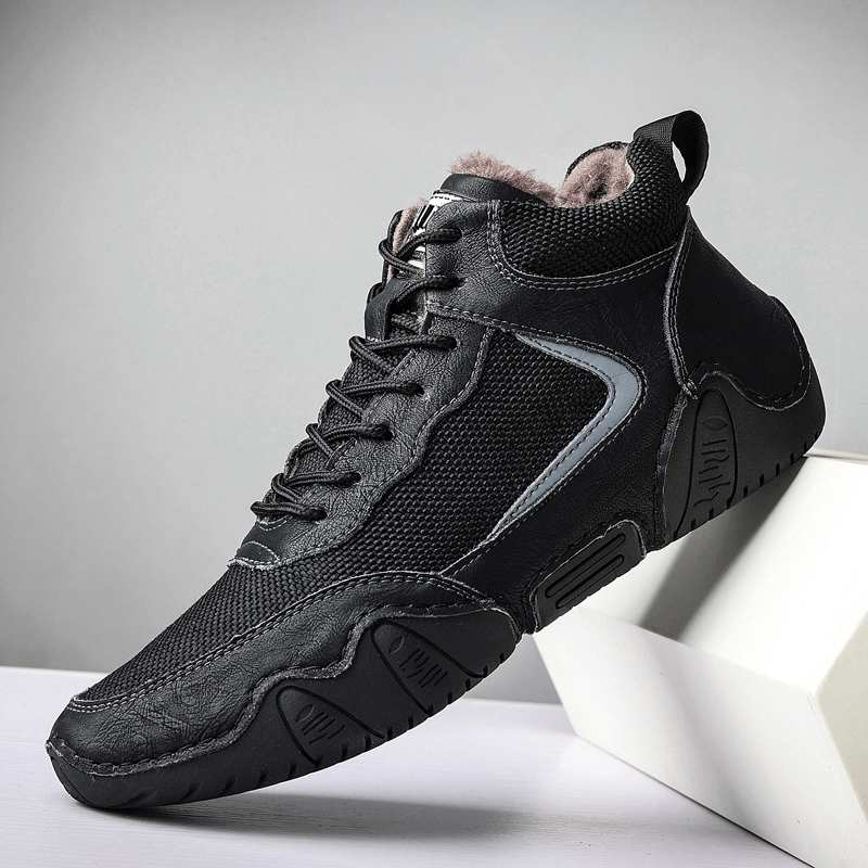 Men Leather Hand Stitching Breathable Soft Sole Splicing Comfy Warm Casual Sports Shoes - MRSLM
