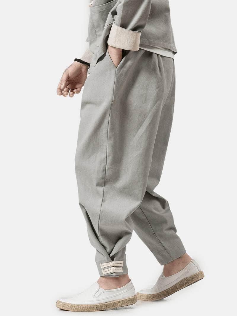 Men'S Chinese Style New Loose Harem Cotton Casual Fashion Feet Solid Color National Wind Linen Pants - MRSLM