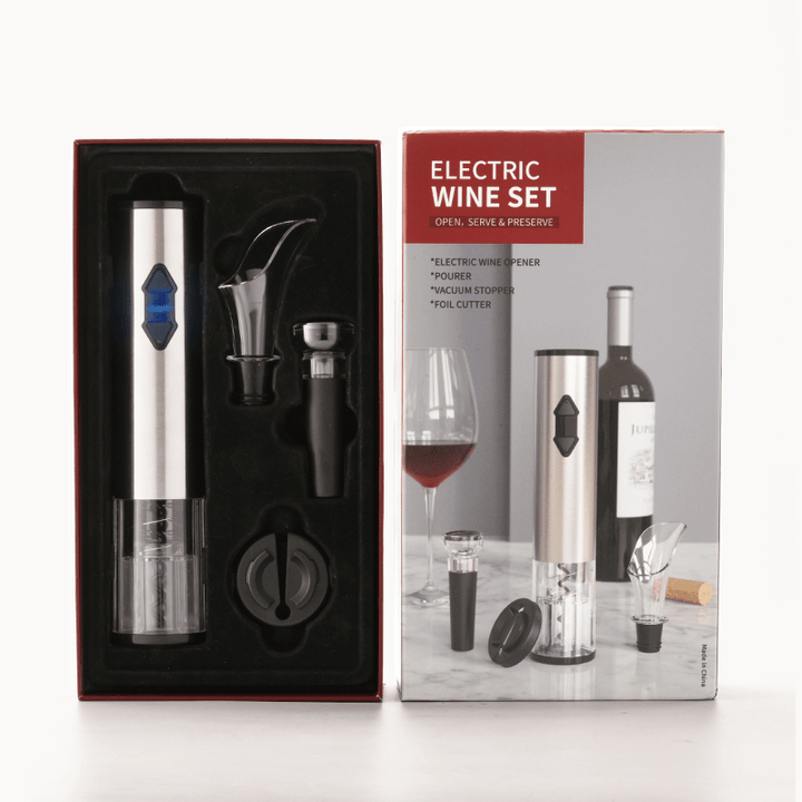 Electric Vino Bottle Opener Set Stainless Steel Automatic Corkscrew Opener Puller Kit with Foil Cutter Vacuum Stopper and Pourer - MRSLM