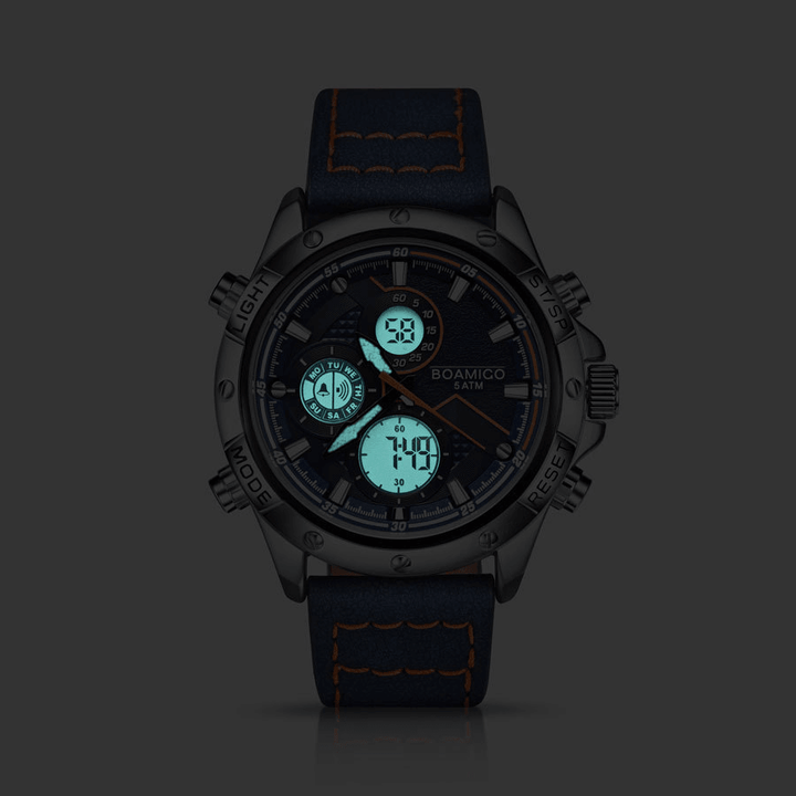 BOAMIGO F546 Two Time Zones Dual Display Watch LED Light Chronograph Alarm Men Quartz Watches - MRSLM