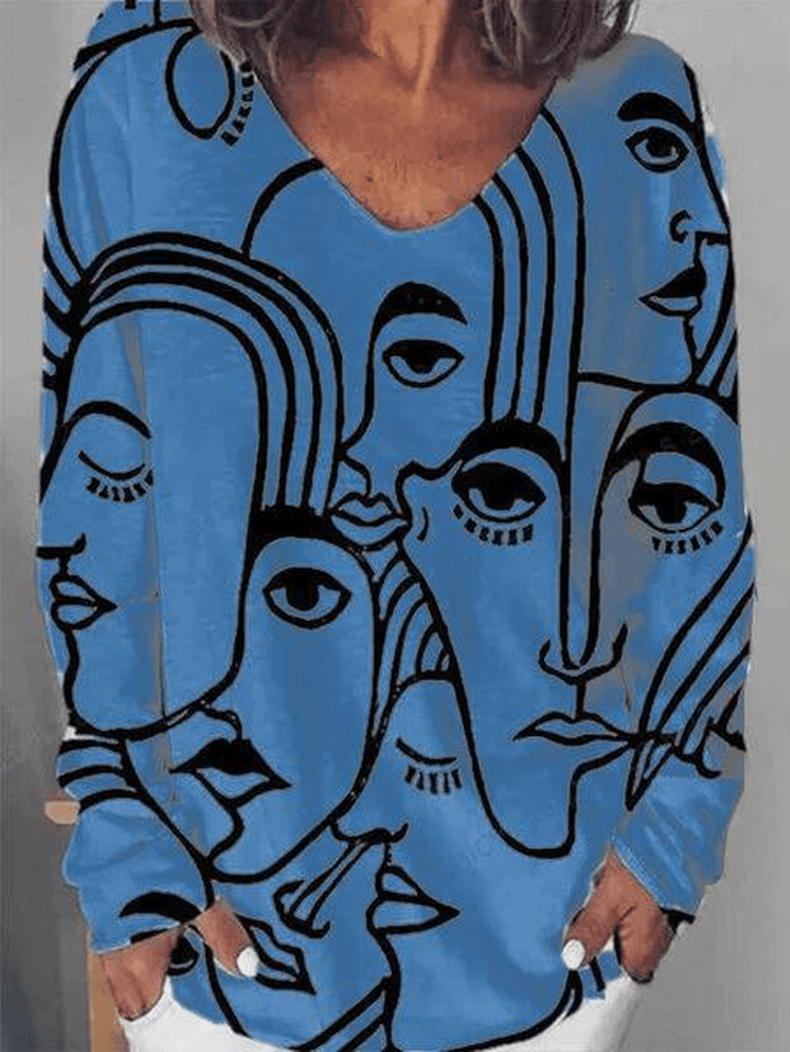 Women Art Abstract Character Print Loose Long Sleeve Casual T-Shirt - MRSLM