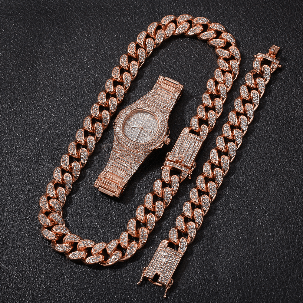1/3 Pcs Luxury Inlaid Rhinestones Men Watch Set Hip Hop Chain Necklace Bracelet - MRSLM