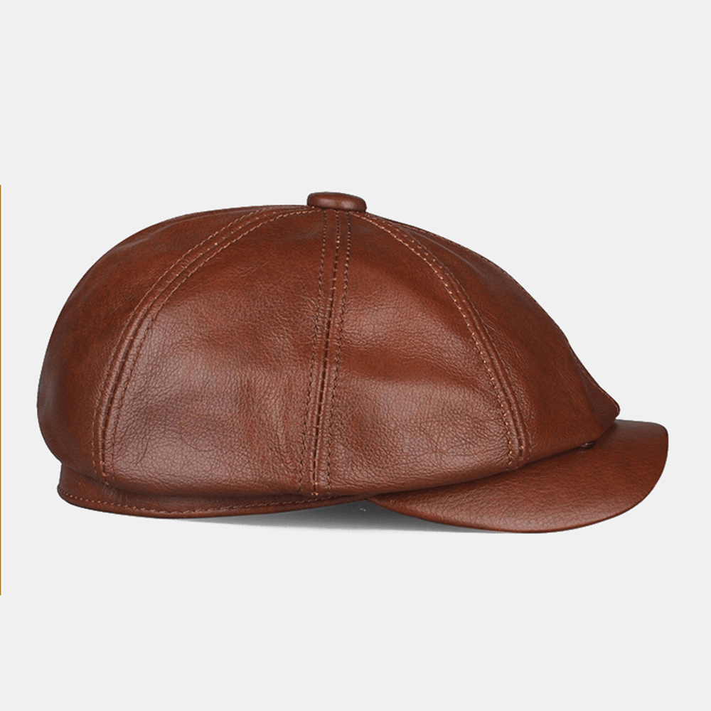 Men British Casual First Layer Cowhide Octagonal Hat Retro Waterproof Windproof Warm Painter Hat Newsboy Hat - MRSLM