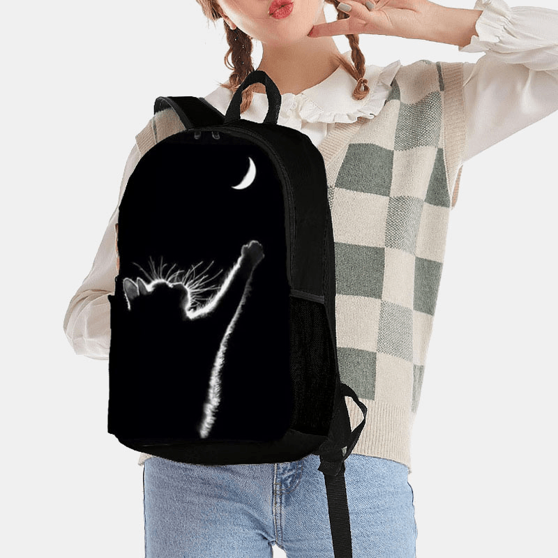 Women Oxford Cloth Casual Cute Black Cat Back View and Moon Printing School Bag Backpack - MRSLM