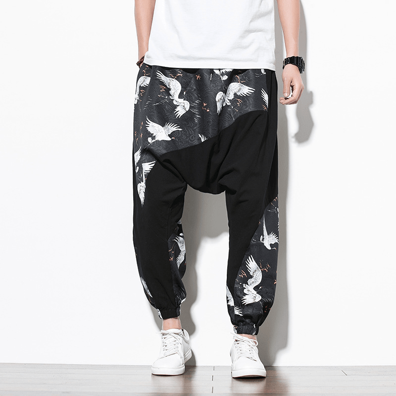 Chinese Style Crane Print Big Crotch Cotton and Linen Casual Pants - MRSLM