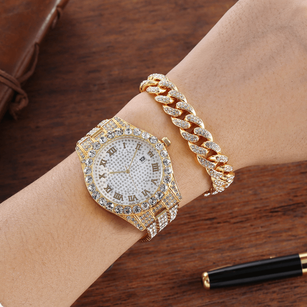 Alloy Hip Hop Luxury 2 PCS Hip-Hop Chain Full Diamond Watch Bracelet Lady Quartz Watch - MRSLM
