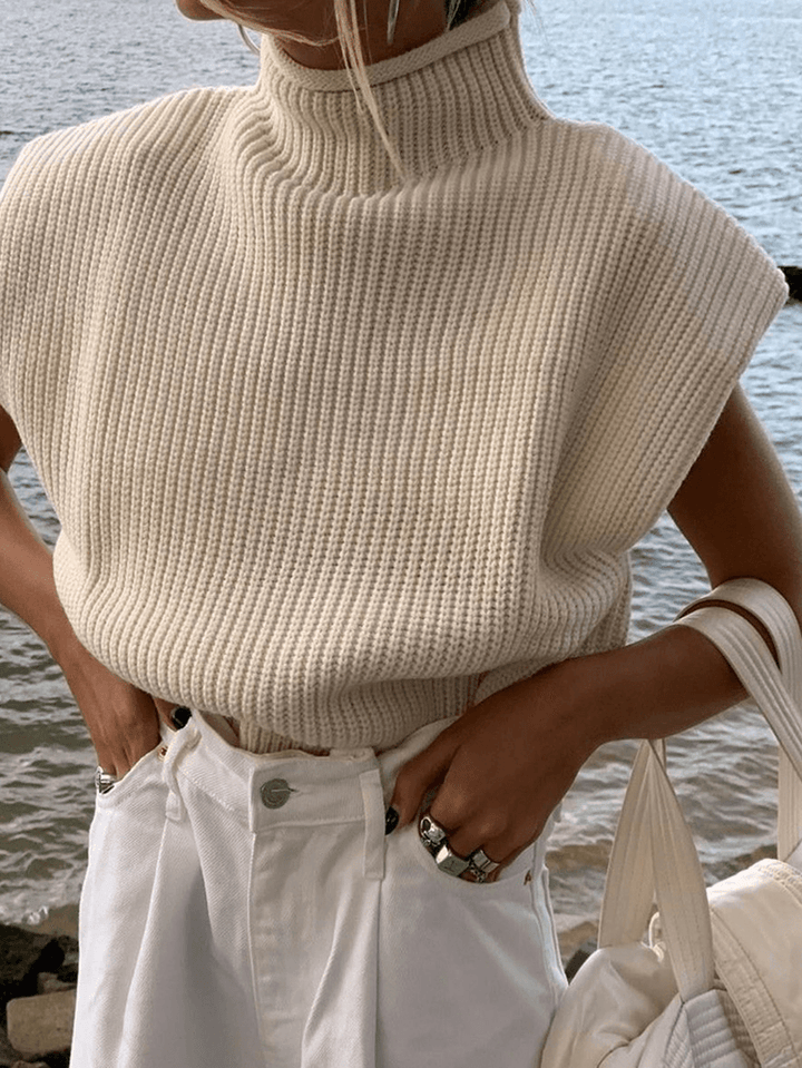 Women High Neck Solid Color Shoulder Padded Cap Sleeve Knitted Sweaters - MRSLM
