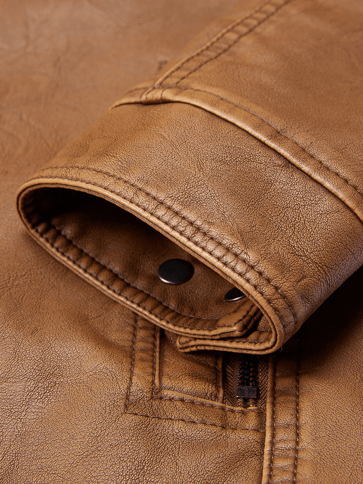 Mens Washed Vintage Multi-Pocket Zipper Lapel Winter Thicken PU Leather Jacket - MRSLM