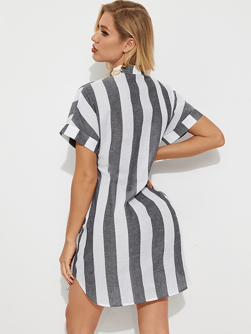 Linen Striped Print Front Button Stand Collar Short Sleeve Casual Dress - MRSLM