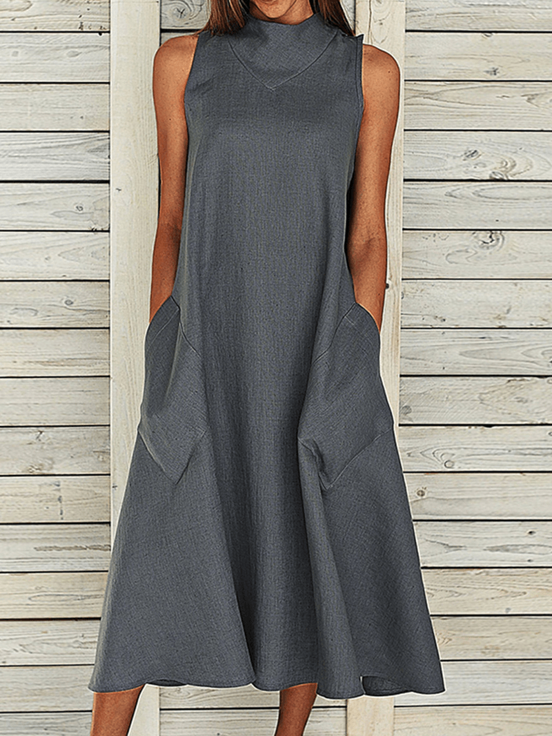 Solid Side Pockets Loose Large Size Casual Dress for Women - MRSLM