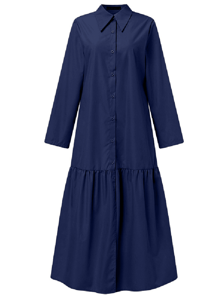 Women Solid Color Lapel A-Line Long Sleeve Simple Maxi Shirt Dresses - MRSLM