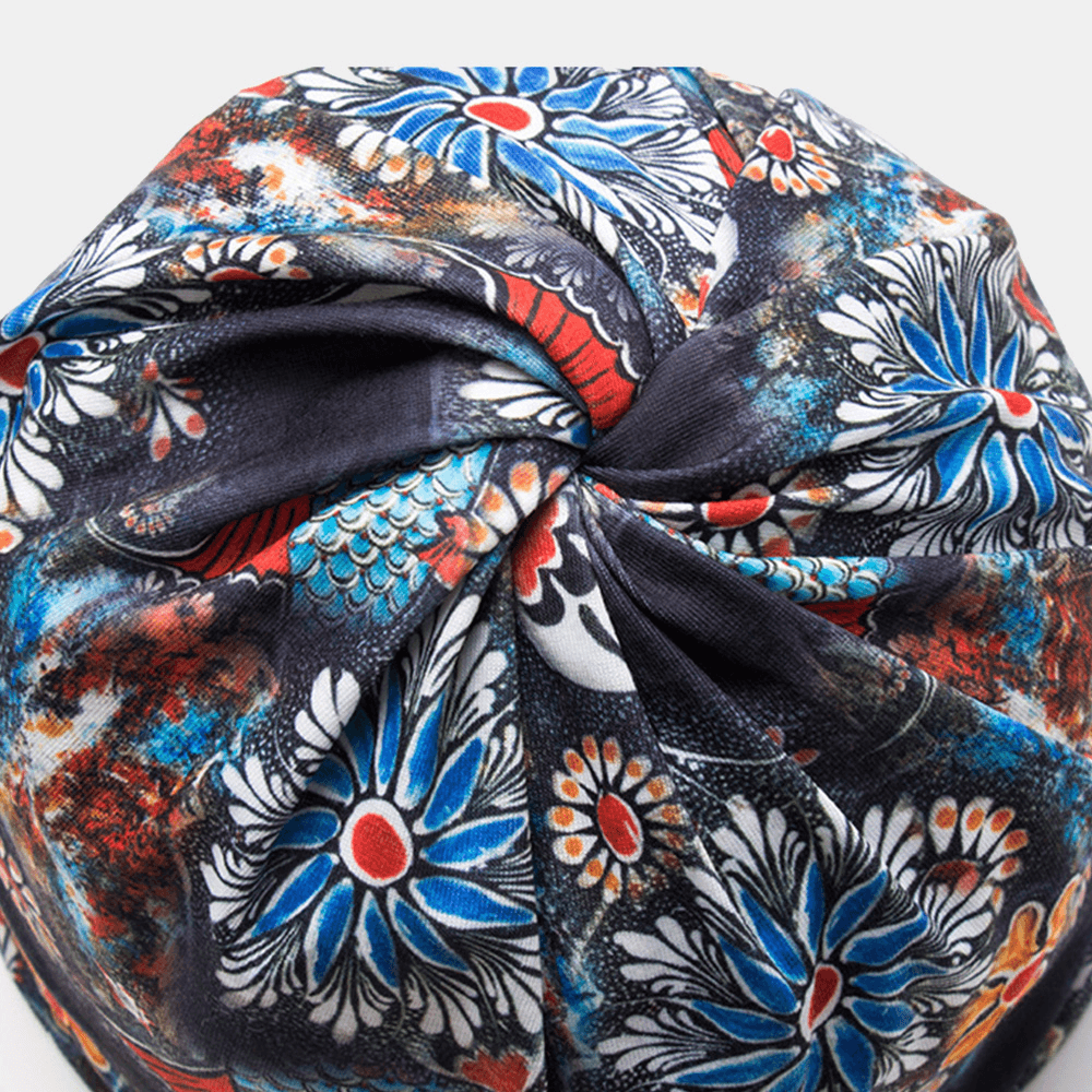 Women Dual-Use Breathable Baotou Hat Cotton Overlay Colored Floral Printed Casual Elastic Scarf Beanie Hat - MRSLM