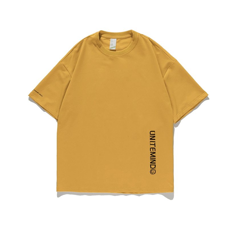 Japanese round Neck T-Shirt Tide Letter Smiley Print Casual Short-Sleeved Loose Half-Sleeved Shirt - MRSLM