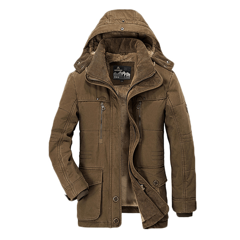 Mens Thick Fleece Winter Coat Hooded Outdoor Solid Color Jacket - MRSLM