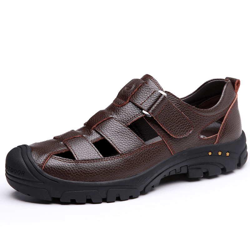 Men Cowhide Leather Breathable Hollow Out Soft Bottom Non Slip Closed Toe Casual Sandals - MRSLM