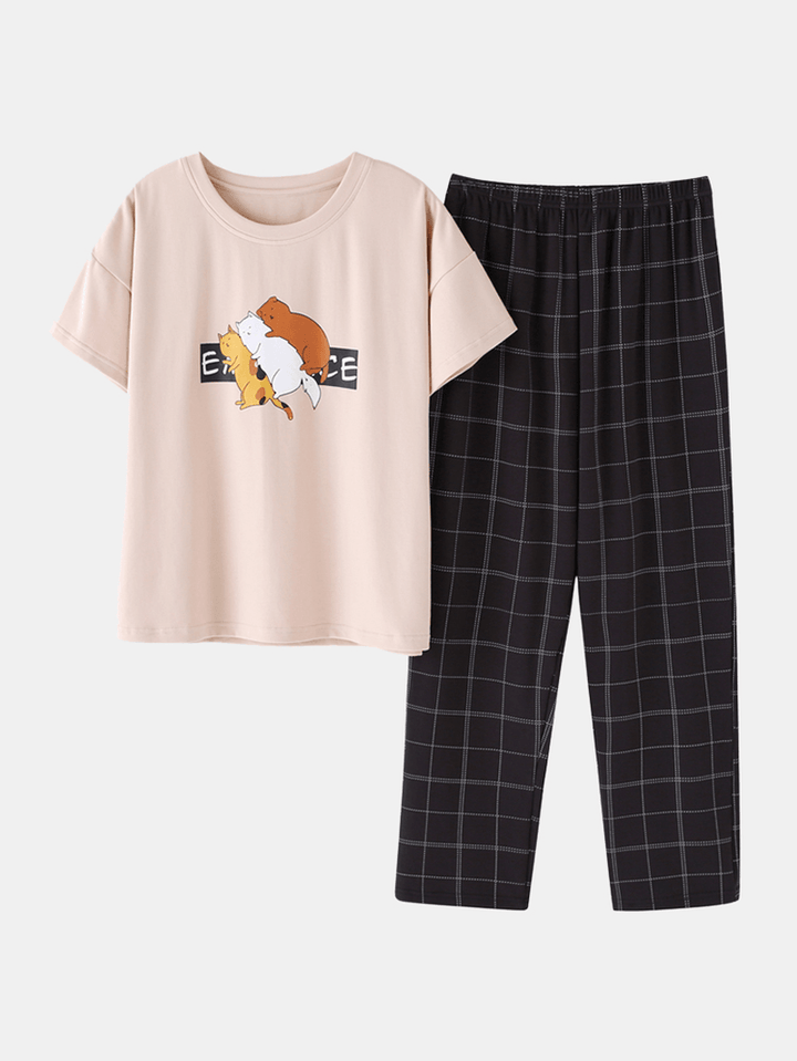 Cute Animal Print Elastic Waist Pants Short Sleeve Loose Pajamas Sets - MRSLM