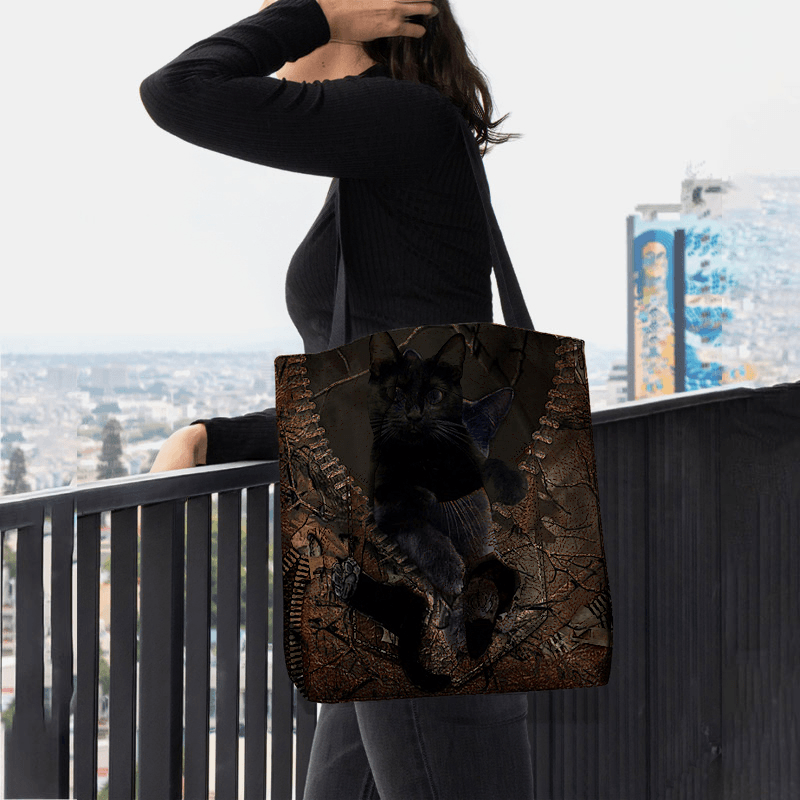 Women Felt Cute 3D Three-Dimensional Cartoon Black Cat Pattern Shoulder Bag Handbag Tote - MRSLM