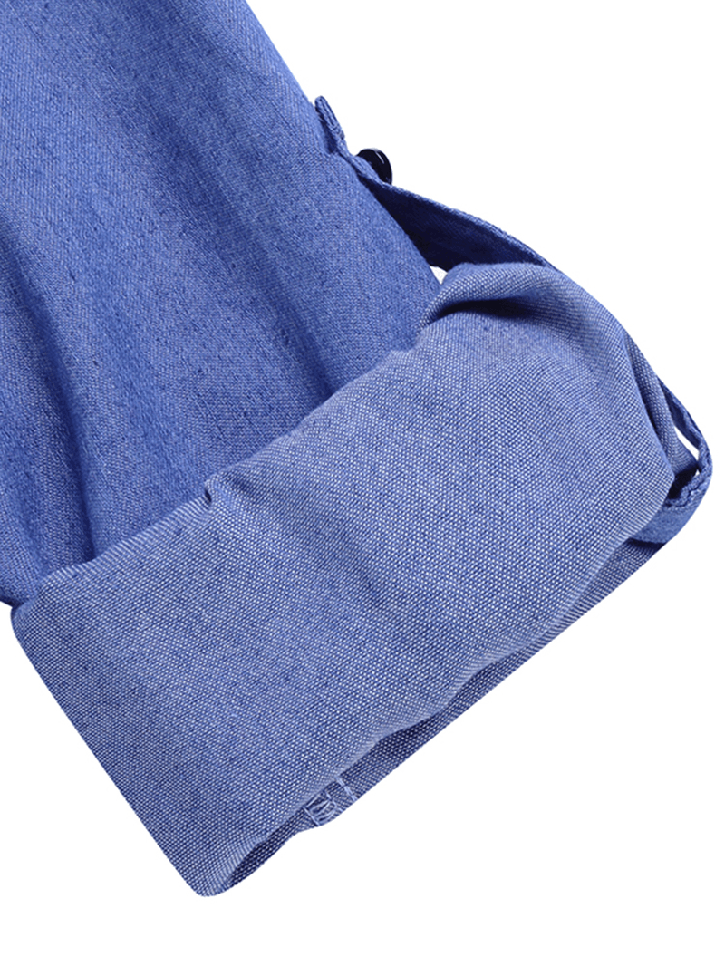 Women Casual V Neck Denim Blue Jean Fold Sleeve Mini Dress - MRSLM