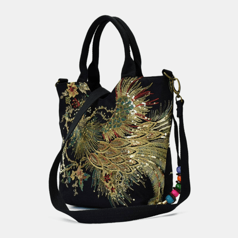 Women Canvas Embroidery Peacock Pattern Ethnic Style Multi-Carry Handbag Crossbody Bag Shoulder Bag - MRSLM