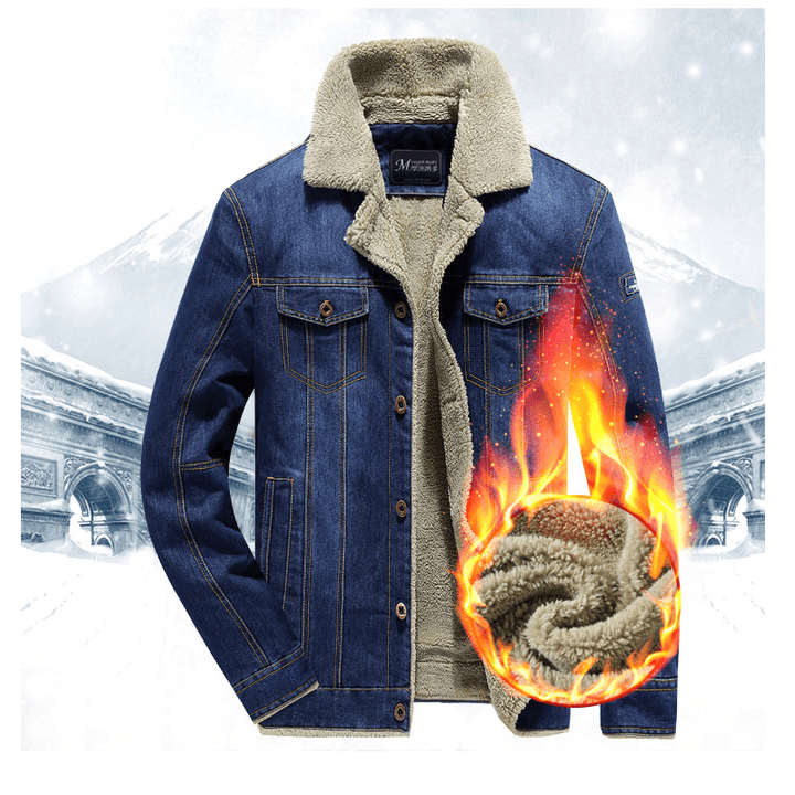 Mens Thick Warm Fleece Turn down Collar Winter Denim Jacket - MRSLM