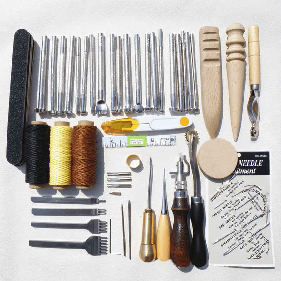 59Pcs DIY Leather Tools Kit Hand Stitching Sewing Punch Carving Stamp Craft Set - MRSLM