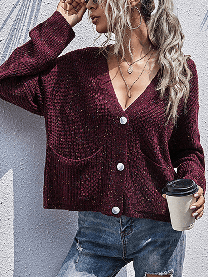 Women Solid V-Neck Button up Knitted Casual Double Pockets Cardigan Sweater - MRSLM