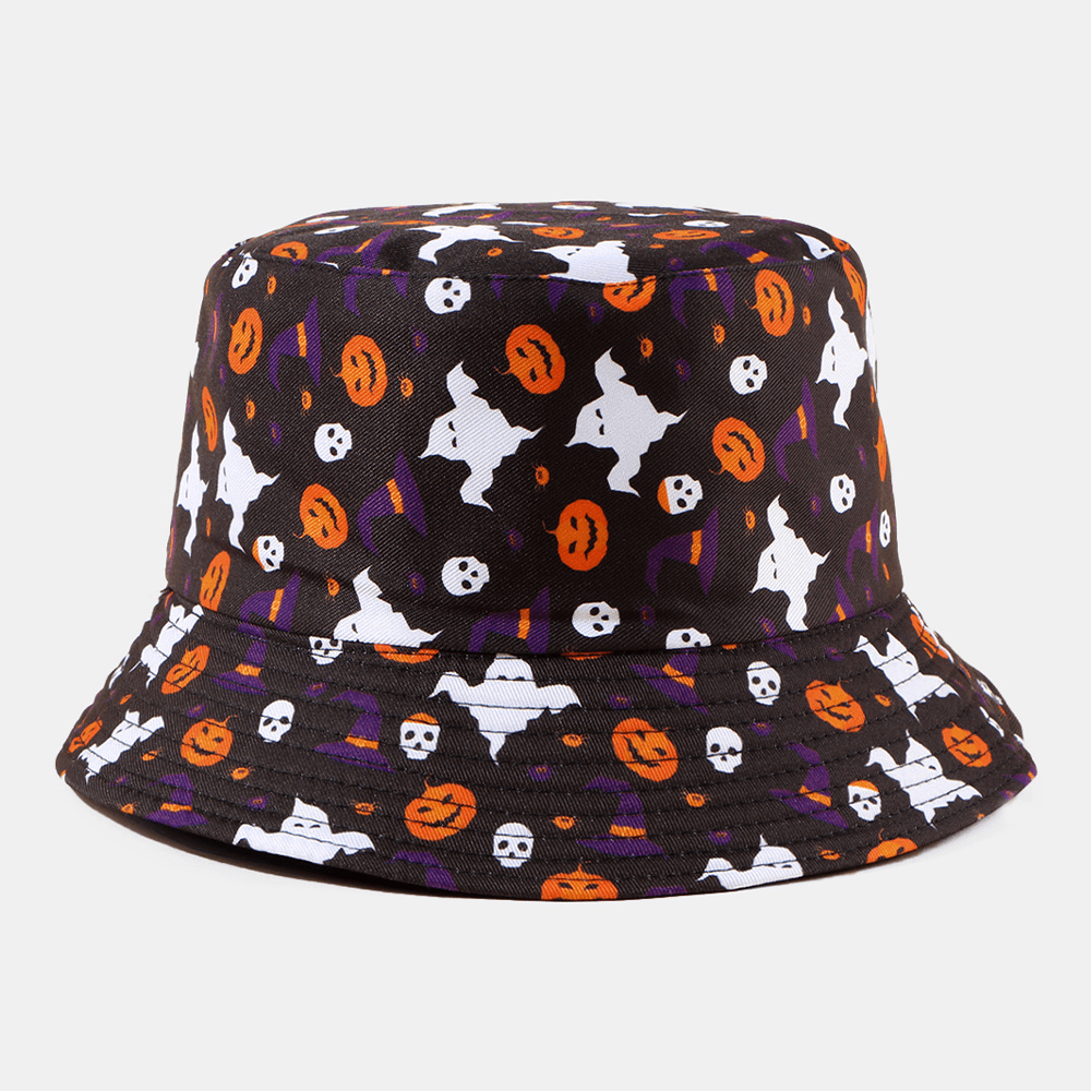 Unisex Pumpkin Ghost Skull Pattern Halloween Bucket Hat Casual Funny Foldable Sunshade Hat - MRSLM